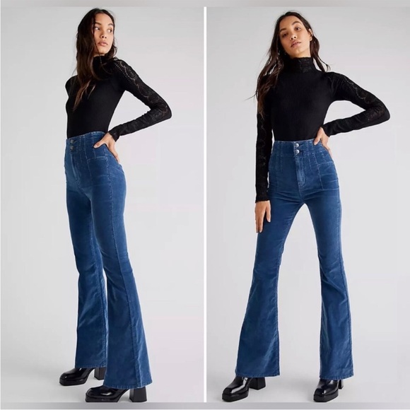Free People Jayde Flare Corduroy Pants in Moody Blue Size 25 - Picture 1 of 4